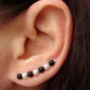 Ear Pins - Black Onyx and Swarovski White Pearls Earrings - Pair