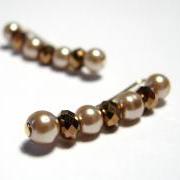 Ear Pins - Faceted Copper Crystals and Champagne Gold Glass Pearls Pair Earrings