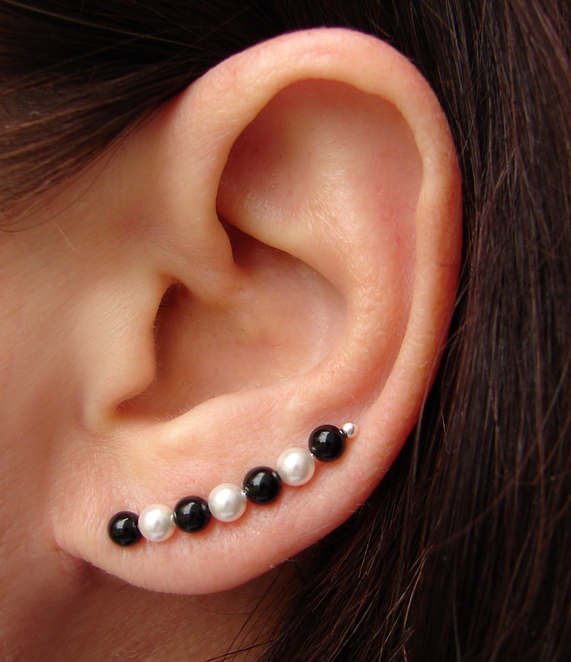 Ear Pins - Black Onyx And Swarovski White Pearls Earrings - Pair