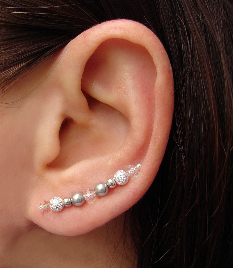 Ear Pins - Swarovski Silver Gray Pearls, Faceted Crystals, Silver Stardust Beads Earrings - Pair