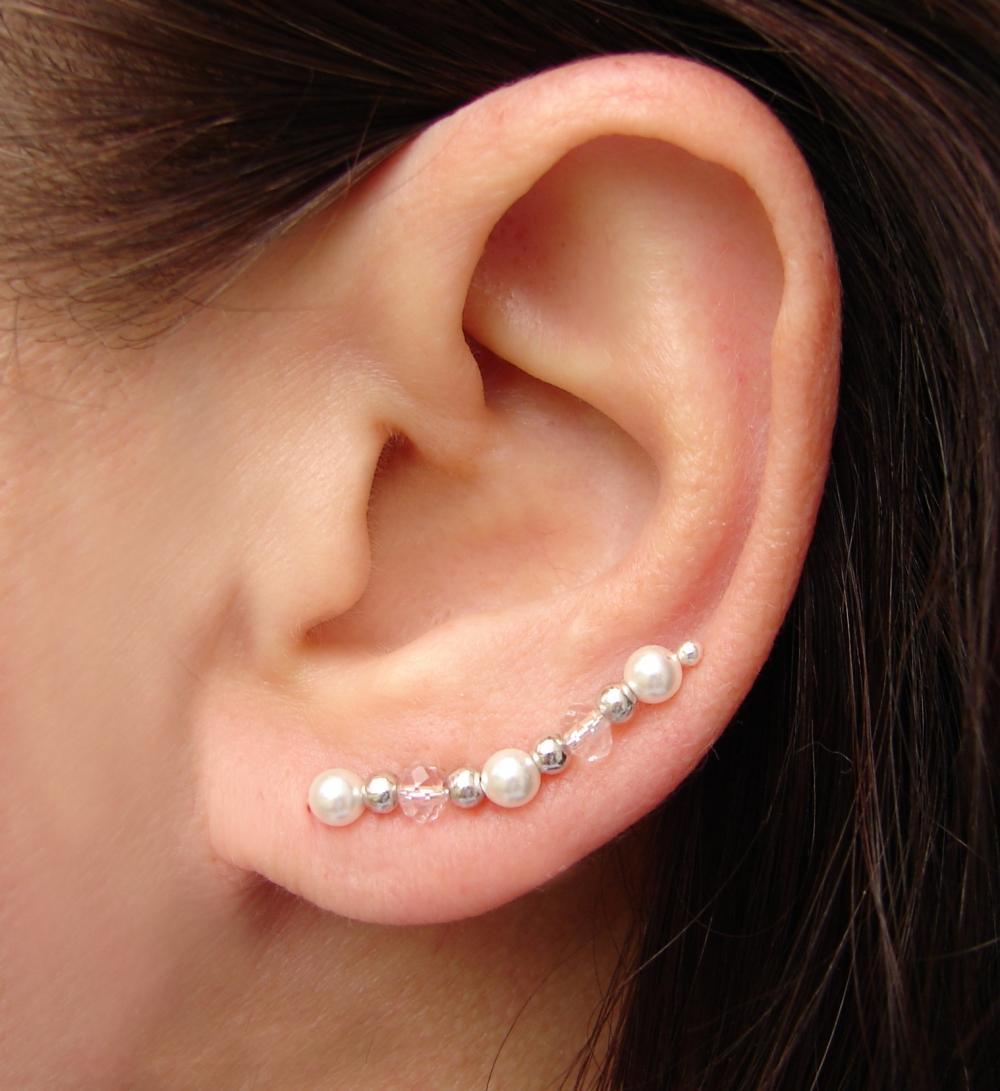 Ear Pins - White Swarovski Pearls, Sparkly Clear Faceted Crystals Earrings - Pair