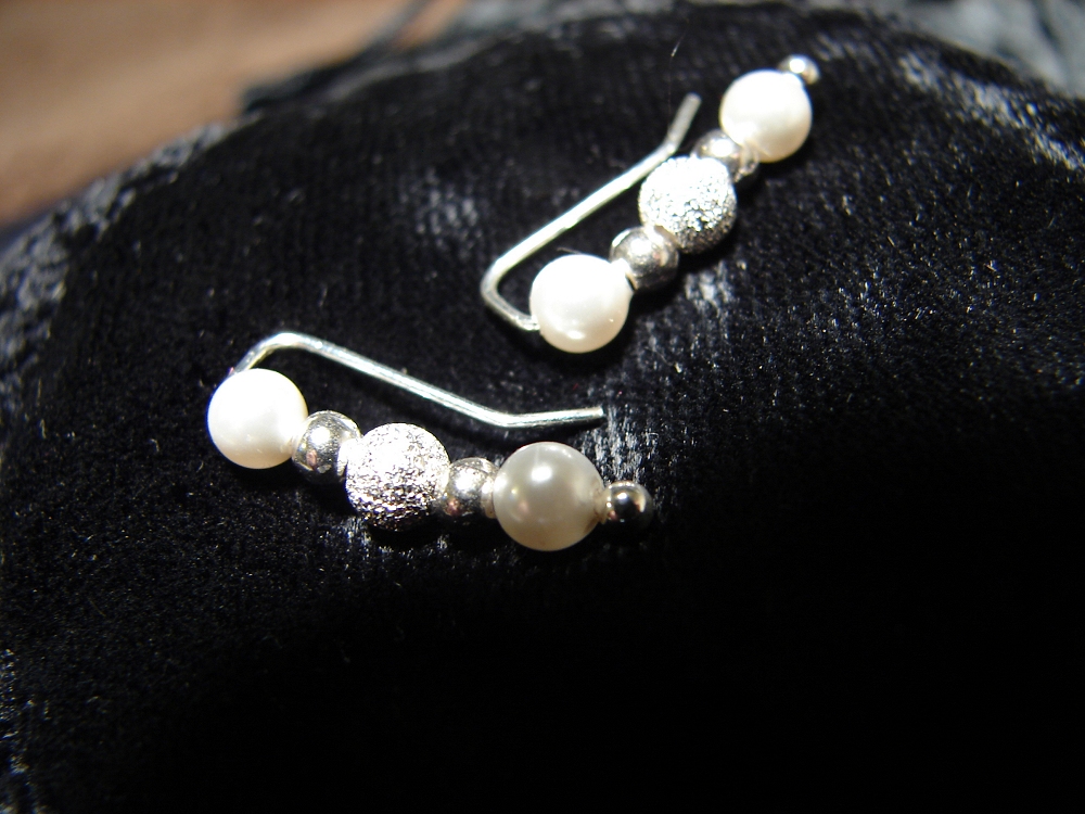 Ear Pins - Sterling Silver Filled Pins And Swarovski White Pearls Earrings With Stardust Beads - Pair