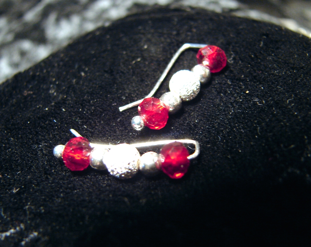Ear Pins - Faceted Red Crystals With Stardust Beads - Earrings - Pair