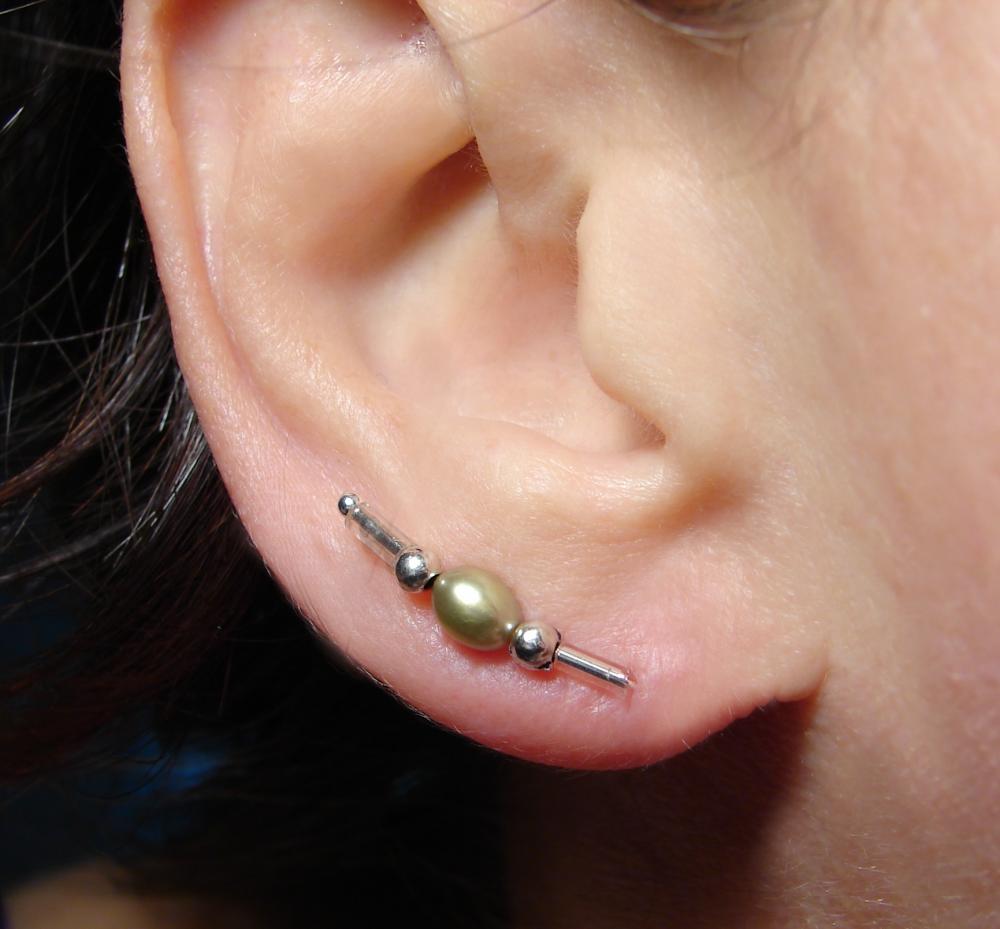 Ear Pins - Green Freshwater Pearl - Earrings - Pair