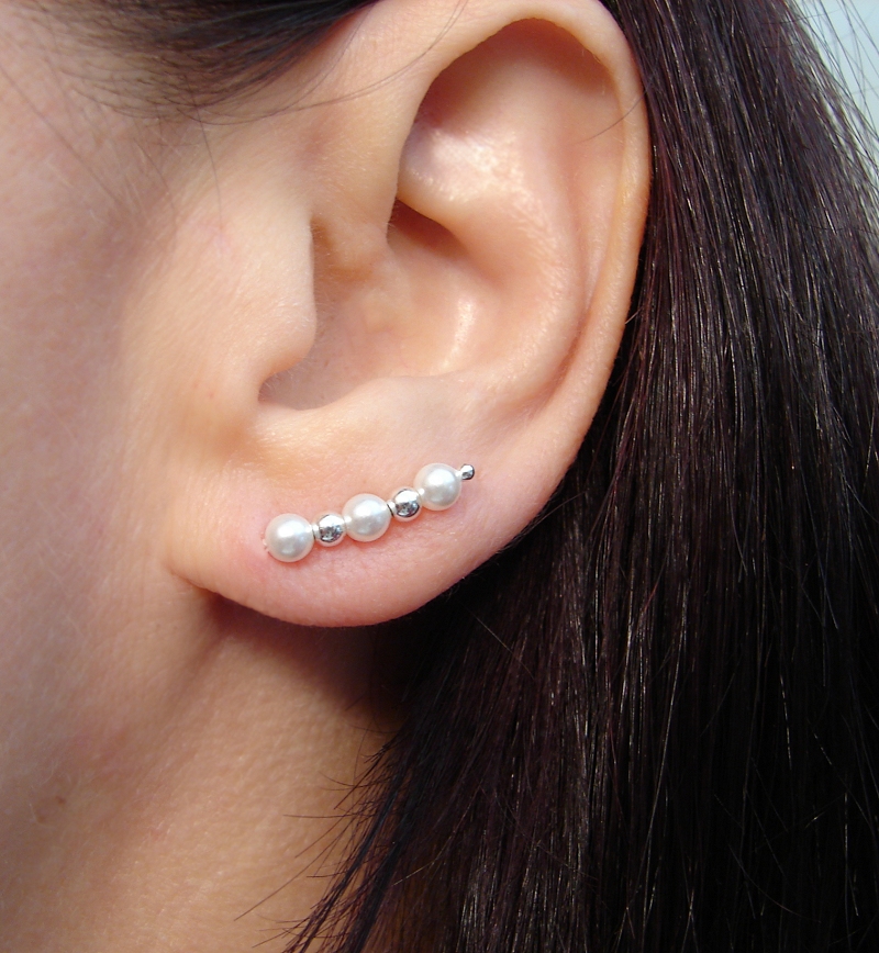 Ear Pins - White Pearls - Swarovski With Sterling Beads And Sterling Filled Pins - Pair