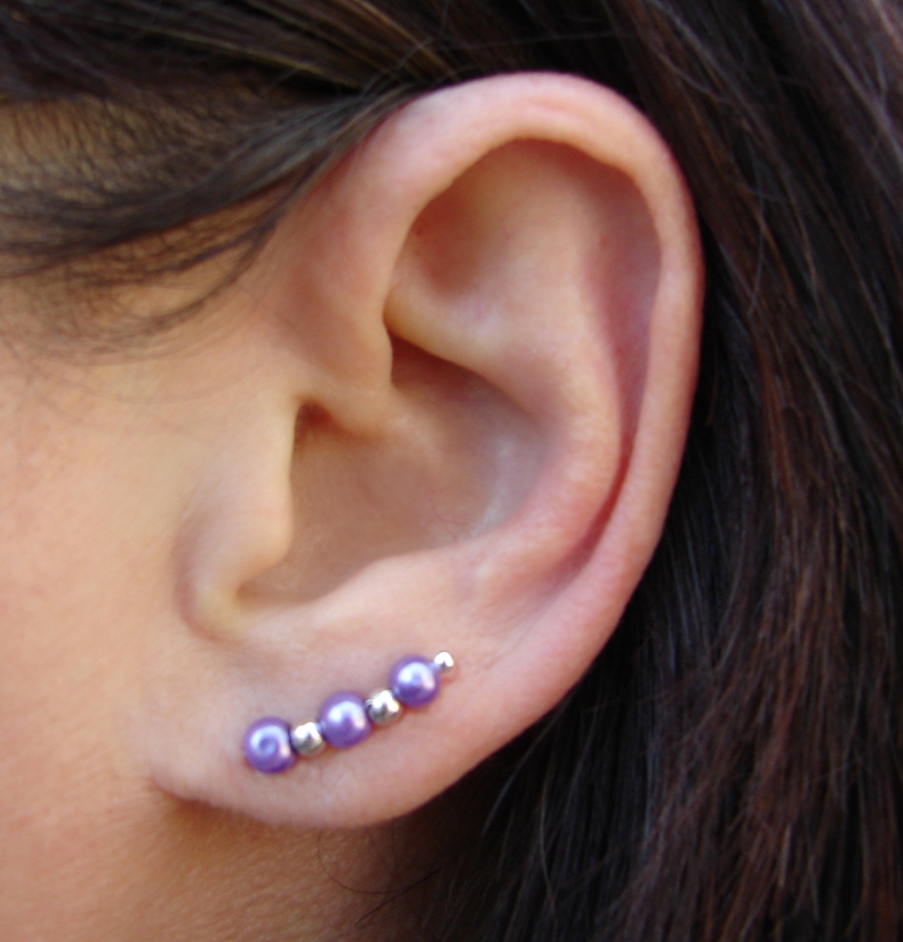 Ear Pins - Purple Glass Pearls And Silver - Pair Earrings - Light Purple, Lilac, Lavender Hue
