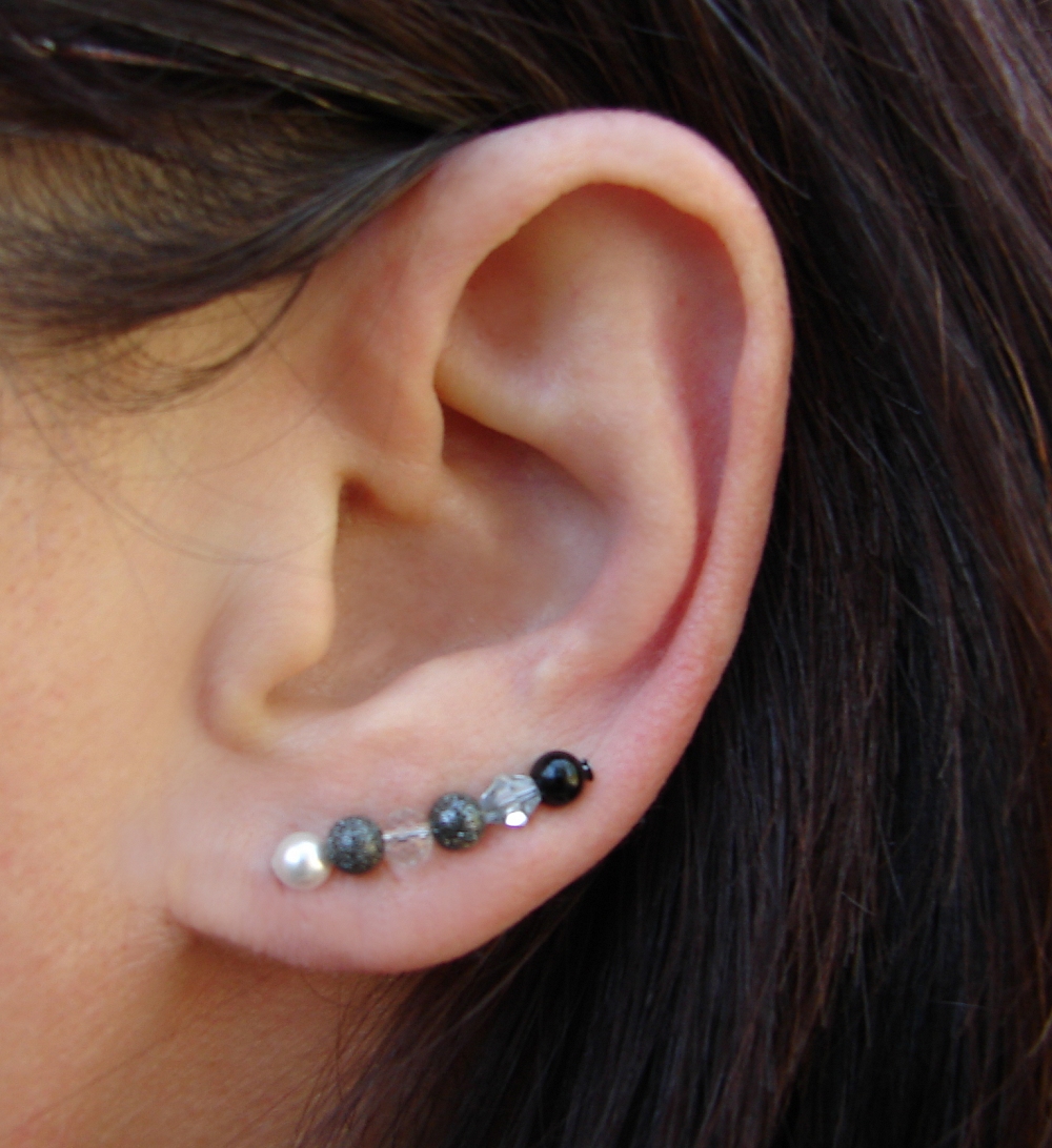 Ear Pins - Gunmetal, White Swarovski Pearls, Black Onyx, Sparkle - Black, White And Gray - Earrings Pair