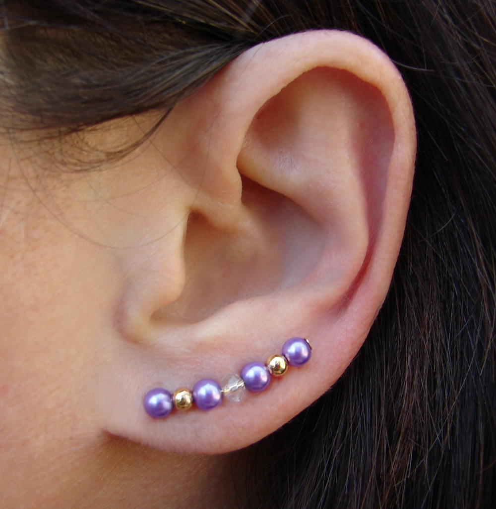 Ear Pins - Light Purple Glass Pearls And Gold - Lilac, Lavender - Earrings Pair