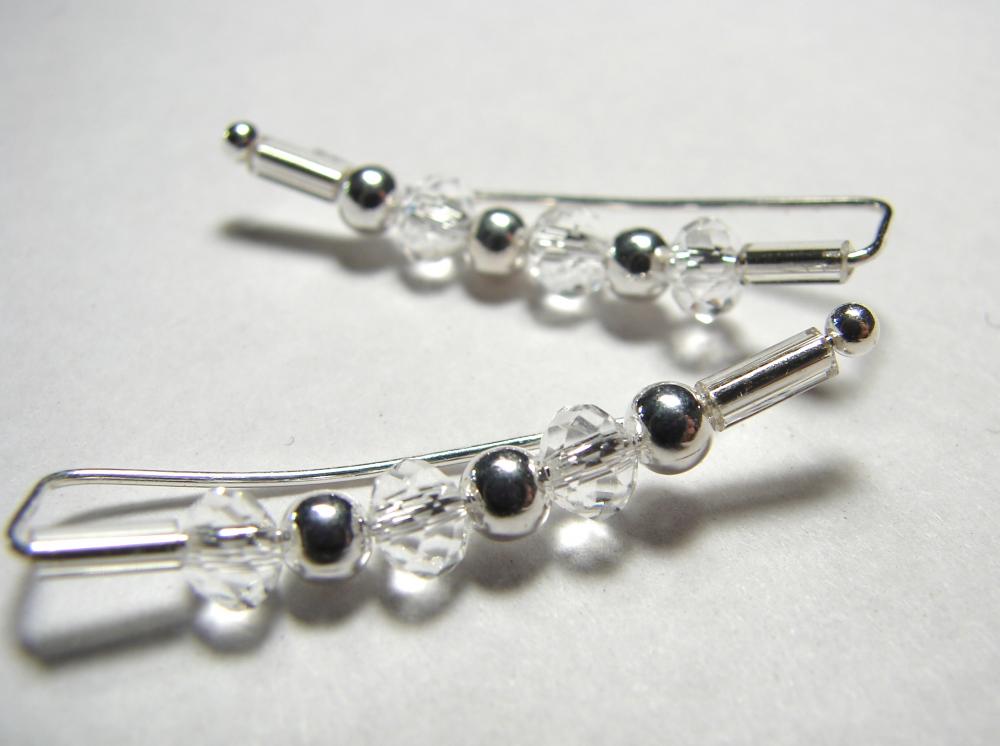 Ear Pins, Earring Pins Silver And Faceted Crystals Pair Earrings