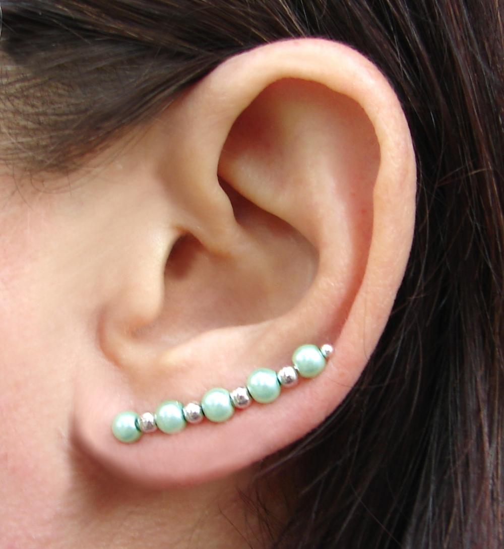 Ear Pins, Seafoam Mint Green Pearls Of Glass And Silvery Beads - Pair Earrings, Earpins
