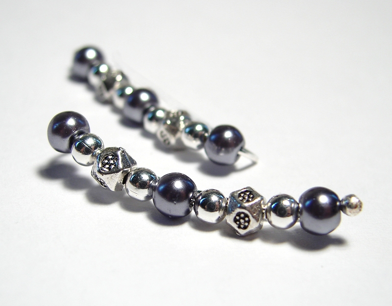 Ear Pins Blue, Gunmetal, Silvery Glass Pearl And Silver 1-1/4 Inch Long Earpins - Pair Earrings