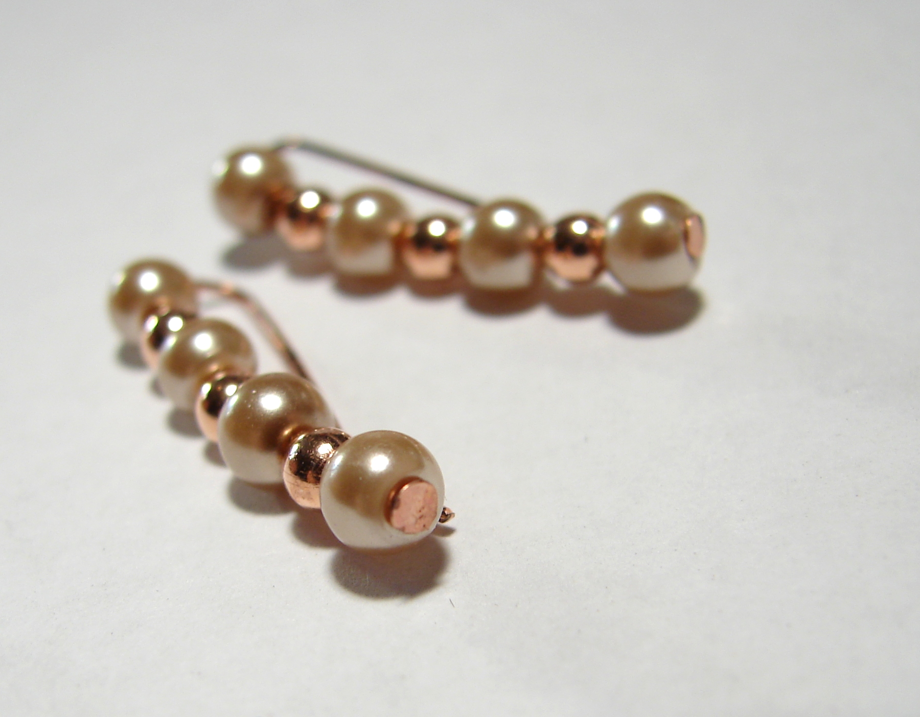 Ear Pins, Champagne Gold Glass Pearls And Copper Color Beads, Pair